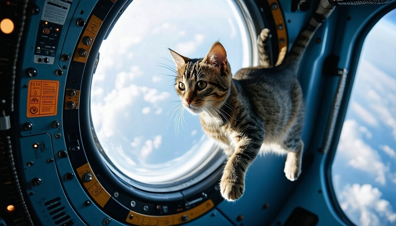 A playful cat floating in zero-gravity inside a sp